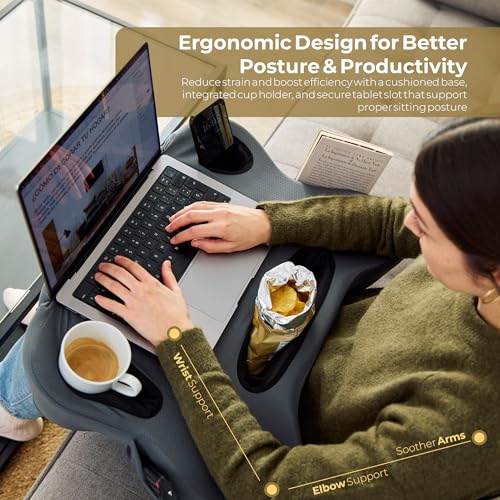 Image of Oversized Lap Desk Pillow - 27in Foam Couch Desk with Cup Holder & Storage | Fits laptops up to 14in | Cup holder, phone slot & storage pockets | Non-slip vented base | Work, game & read from couch