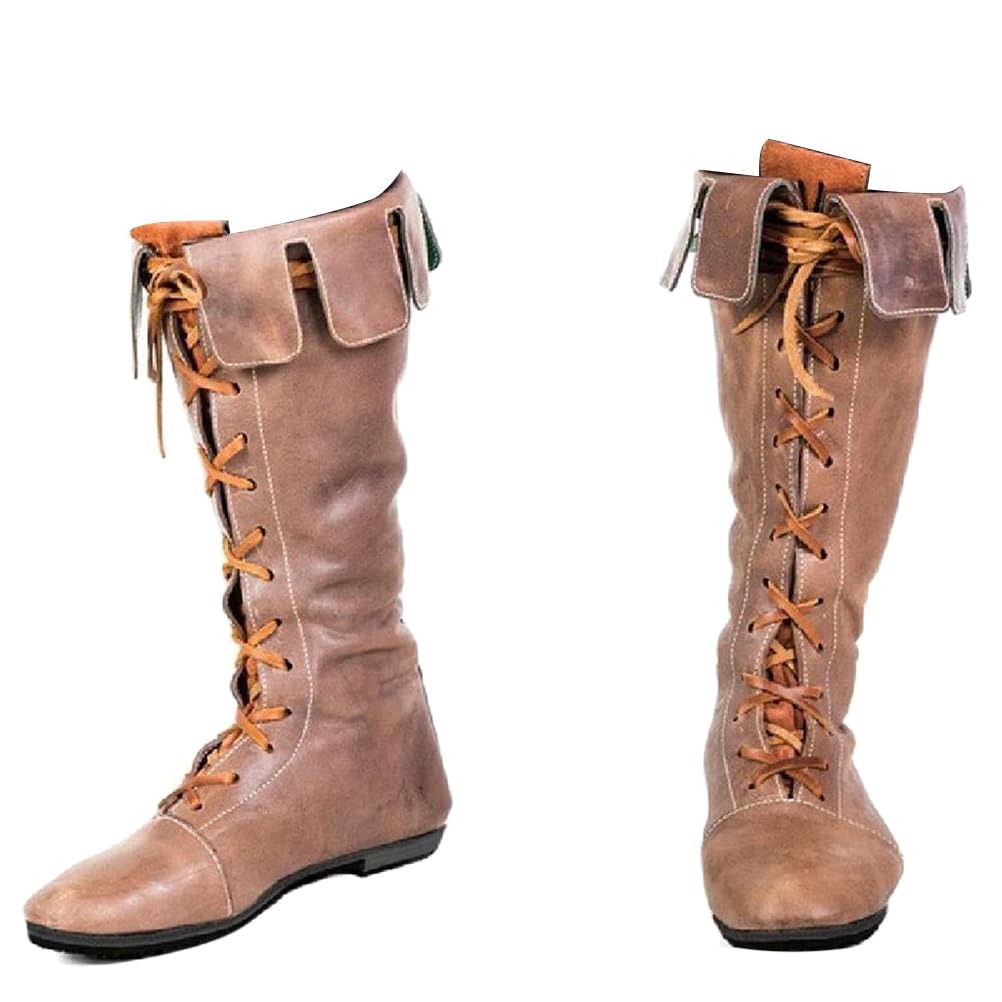 ORANDESIGNE Homme Médiéval Bottes en Cuir PU Rétro Bottes de Chevalier Lace-Up Plate Bottes Vintage Bout Rond Talon Chunky Bottes Knight Pirate Bottes Mi-Mollet