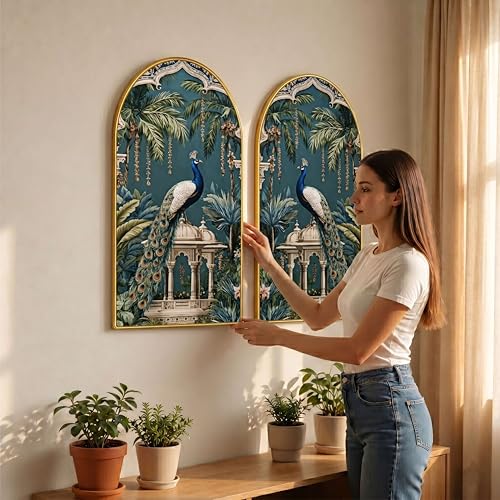 Image of Livin'luxe Set of 2 Peacock Wall Painting for Living Room, Tropical Palace Modern Artwork, PVC Golden Frame, Arch Shape Wall Decor for Bedroom, Hall, Office & Gift (30 x 32 Inch) RPNL-02-116