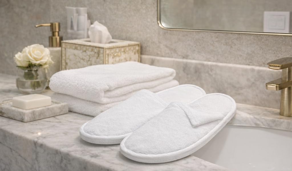 Sevenhills Toiletries 25 Pairs Hotel Guest Room Slippers β Terry Towel Close-Toe, 5MM Sole, Free Size (Unisex, White) | Disposable Hotel Accessories & Travel Kit Essentials 2