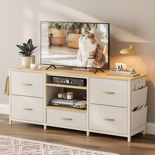 IKIFLY テレビ台 テレビボード 収納チェスト ロータイプ 棚付き 引き出し ローボード ポケット付き テレビラックワイドチェス 大容量 フック付き 32/40/50/55型対応tv台 可動棚 オープン収納新生活 省スペース 北欧 おしゃれ 総耐荷重150kg(幅120×奥行30×高さ50cm，ベージュ)