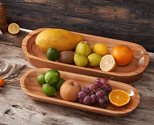 Natural Wooden Dough Bowls For Decor, Long Carved Oval Farmhouse Kitchen Counter Fruit Wood Dough Bowl, Oblong Baguette Bread Decorative Bowls For Home Decor,Dining Room Coffee Table Decor Centerpiece #TOP1