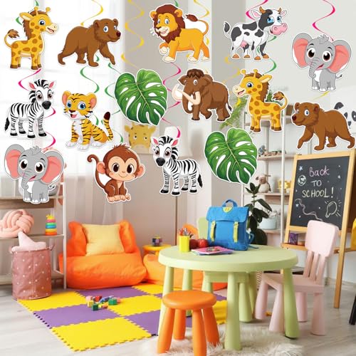 Image of 40Pcs Jungle Animal Hanging Swirl Decorations, Safari Animal Party Hanging Swirls Jungle Animals Tiger Lion Monkey Foil Swirls Ceiling Decor for Animals Theme Birthday Baby Shower Party Decor