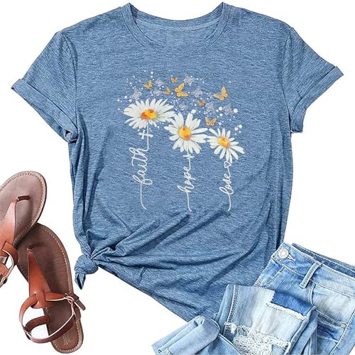 Christian Faith Shirts for Women Butterfly Daisy Graphic Casual T Shirts