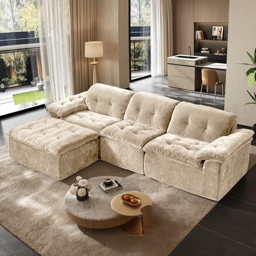 Image of 118 inch Oversized Modular Sectional Sofa, Large Modern Cloud Sectional Couch with Ottoman, Chenille 4 Seat Sofa Set, L-Shape Couch for Living Room, Apartments, No Assembly Required, Coffee
