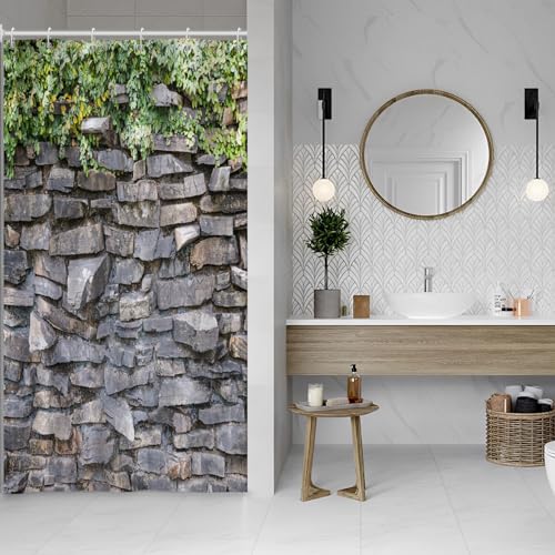 Baocicoo Rocks Stone Brick Wall Shower Curtain Green Leaves Garden Landscape Nature Plant Shower Curtains for Bathroom Rustic Family Bathtub Waterproof Curtain for Bathroom with Hooks 36x72 Inches