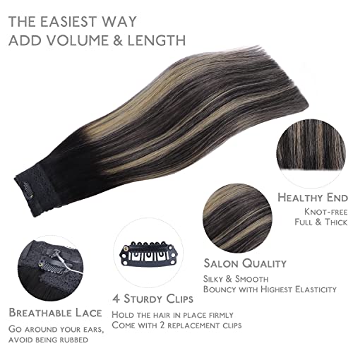 Image of WENNALIFE Wire Hair Extensions Real Human Hair 16 inch 125g Balayage Natural Easy to Apply Reusable for Volume Black to Light Blonde Remy Real Hair Extensions Invisible Wire Human Hair Fish Line