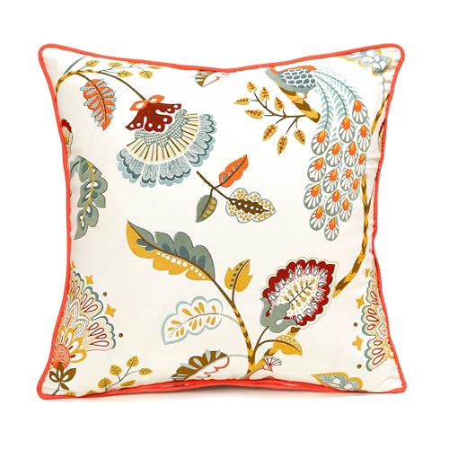 Image of Cotton Cushion Covers 16x16 Inch - Hand Block Floral Print Pillow Covers for Sofa, Couch & Bedroom (Pack of 5) (White & Green)