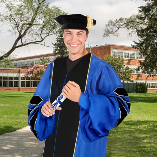Image of Unisex Deluxe Doctoral Graduation Gown with 8 Sides Doctorate Tam | Gold Piping Doctoral Regalia for Graduation Ceremony Sapphire Blue-48