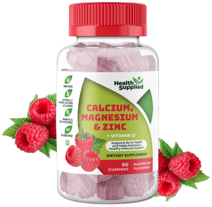Calcium Magnesium & Zinc + Vitamin D Gummies | Bone Health Immune Health Energy and Muscle Function | Daily Dietary Vitamin Supplement | for Adults, Teens | Fruity Raspberry Flavor 60 Count (Pack of 1)