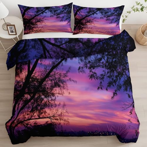 BJCJGGL 布団カバー シングル 夕焼け3点セットポリエステル 通気性 抗菌 防臭 防ダニ 150x210 cm + 2 枕カバー 43x63 cm