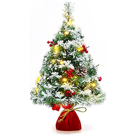 Sunnyglade 21.6 inch Snow Flocked Christmas Tree Artificial Mini Christmas Tree Pine Tree Indoor Tabletop Ornaments Decorations with 30 LED Lights,Red Cloth Base and Pine Cones,White Cover