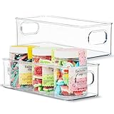 Plastic Food Storage Clear Container 2 Pack Bin with Handles for Organizing Kitchen, Pantry, Refrigerator, Freezer, Pantry, Cabinet, Closet, Bathroom. Stackable 10”x4”x3”