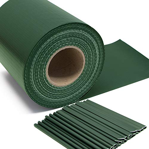 MERCEO Stabmattenzaun-Sichtschutzstreifen, PVC-Folie in Grün/Moosgrün, 19 cm hoch, 50 m lang, inkl. 40 Befestigungsclips, Zubehör zur Verkleidung von Doppelstabmattenzäunen und Einzelstabmattenzäun