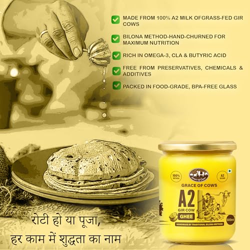 Image of Grace of Cows A2 Gir Cow Ghee 500ml - 100% Pure & Natural Desi Ghee Made Using Traditional Bilona Method - For Cooking, Digestion & Daily Wellness