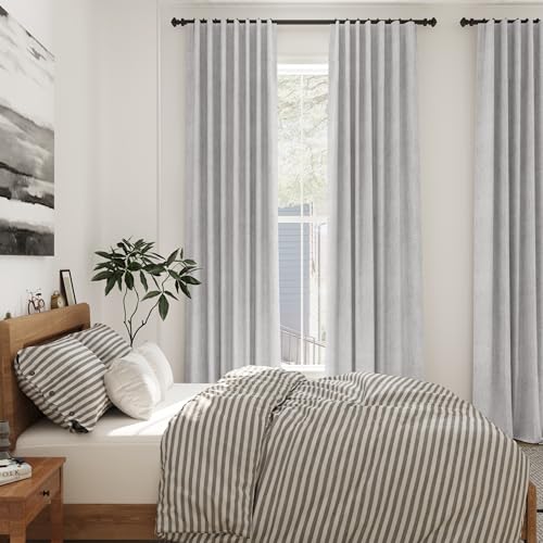 Image of Nanspring Light Grey Curtains 80 Inches Length for Living Room Back Tab Rod Pocket Semi Sheer Linen Drapes Muted Neutral Boho Grey Linen Textured Window Curtain for Dining Room Bedroom 52X80 Inch