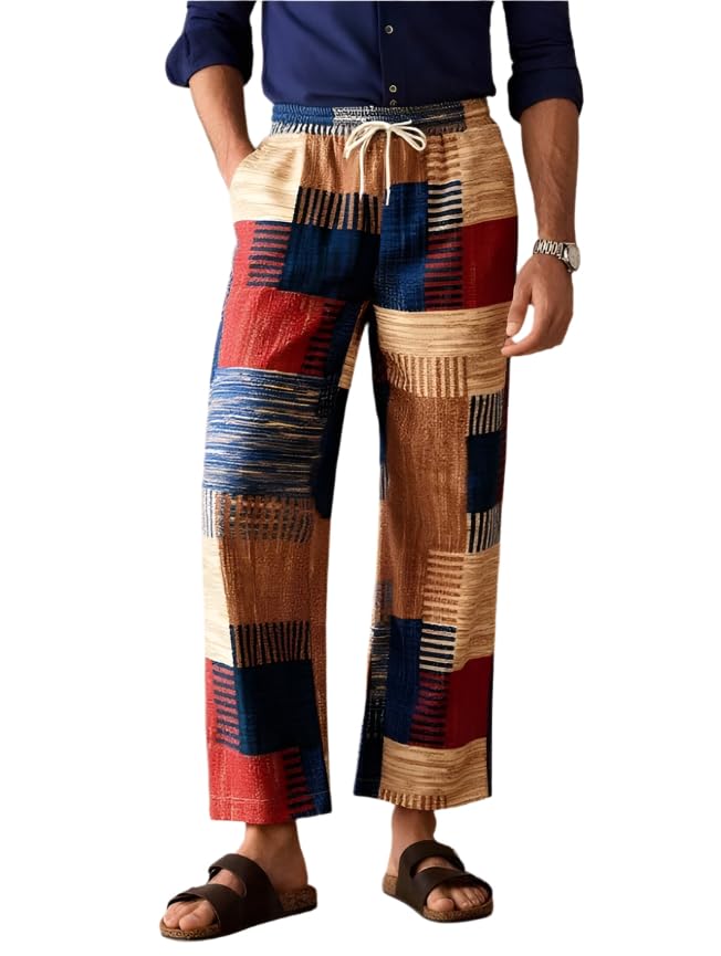 Men's Casual Multicolor Striped Boho Style Drawstring Waist Straight Leg Pants with Pockets