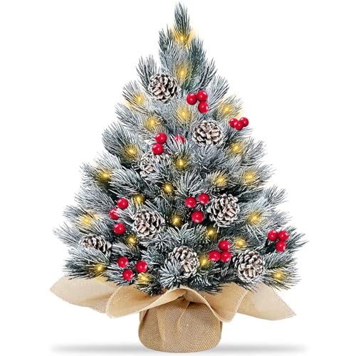 TURNMEON-20-Inch-Realistic-Feel-PE-Snowy-Small-Tabletop-Christmas-Tree-Table-Top-Christmas-Tree-with-35-Lights-Timer-Battery-Operated-Chrisrmas-Tree-Berry-Pinecone-Burlap-Base-Xmas-Decor-Indoor-Party TURNMEON 20 Inch Realistic Feel PE Snowy Small Tabletop Christmas Tree Table Top Christmas Tree with 35 Lights Timer Battery Operated Chrisrmas Tree Berry Pinecone Burlap Base Xmas Decor Indoor Party