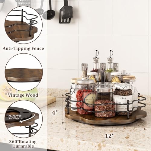 Image of 12 inch Lazy Susan Turntable Organizer,Round Wooden Lazy Susan Organization and Rotating Spice Rack for Dining Table,Pantry,Kitchen Countertop,Vanity,Cupboard and More.Heightened Version