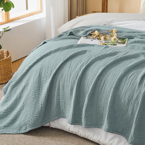 EMME Cotton Muslin Twin Blanket Breathable Gauze Soft Lightweight Blankets Adults Gifts for Women (Heather Teal, 60"x80")