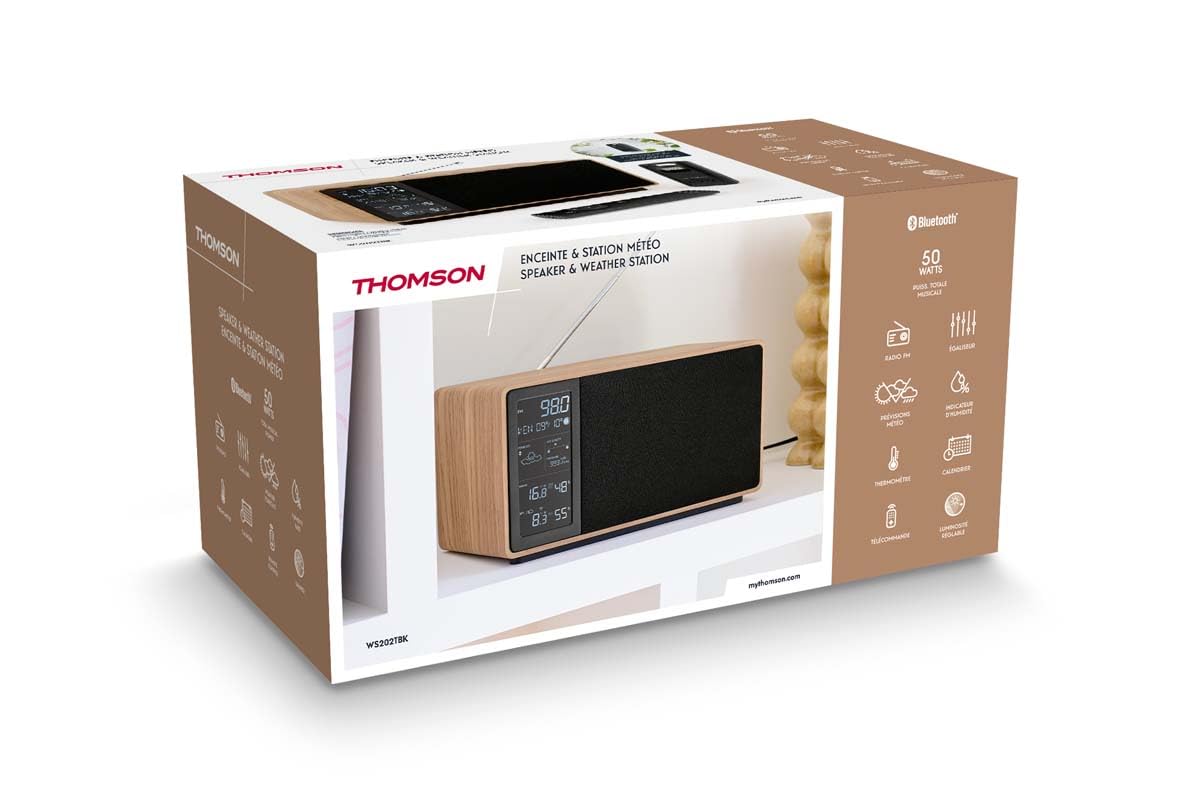 THOMSON Enceinte Bluetooth et Station Météo, Radio FM, Haut-Parleur Puissance 50W, Sonde Extérieure sans Fil, Analyse Qualité de l'Air Intérieure, Télécommande, Large Ecran LCD - en Bois - WS202TBK