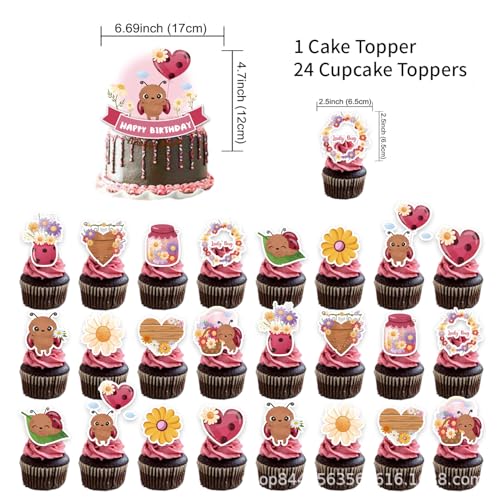 Image of LadyBug Birthday Decoration Set, Cute Cartoon Insect Happy Birthday Banner, Party Supplies with Banner, Hanging Swirl, Balloon, Cake Topper, Cupcake Topper
