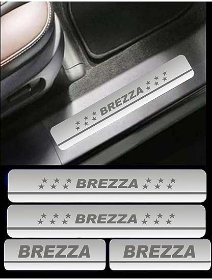 Image of AC Door Sill /Foot Step Stainless Steel Scuff Plate Plates Compatible with Maruti Suzuki Brezza 2018-2021 (Set of 4 Pcs)