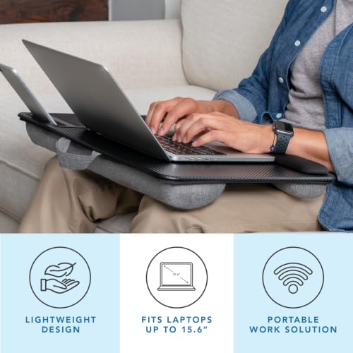 Image of LAPGEAR Home Office Pro Lap Desk - Black Slate, Fits 15.6 inch Laptops | Built-In Mouse Pad & Phone Slot, Wide Cushioned Wrist Rest, Dual-Bolster Microbead Cushion, Carry Handle