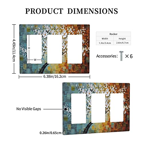 Contemporary Art White Flowers Trees Triple Rocker/Decora Wall Plates For Light Switches 3 Gang Wall Plate Abstract Landscape Paintings Gfci Electrical Outlet Cover For Bathroom Kitchen Home Decor #TOP4