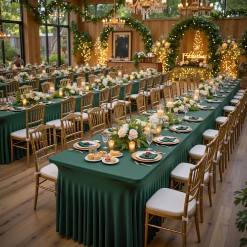 Image of Outpain 8ft Spandex Table Cloth for Standard Folding Tables-4Pack Hunter Green Table Cloth Table Protector for Party, Wedding, Cocktail, Banquet, Festival