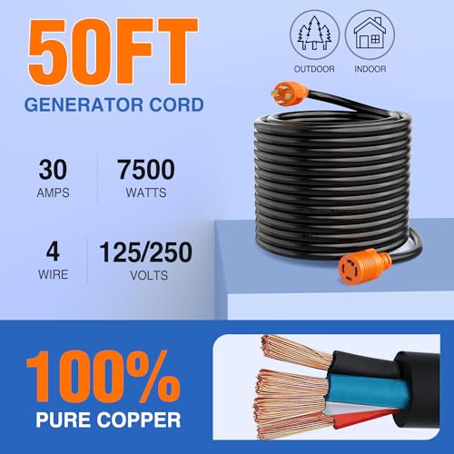Image of Nilight 30 Amp 50FT Generator Extension Cord 125 /250V 7500 Watt Heavy Duty 10 Gauge Pure Copper STW Wire ETL Listed 4 Prong L14-30P L14-30R Cable for RV Camper Outdoor Use