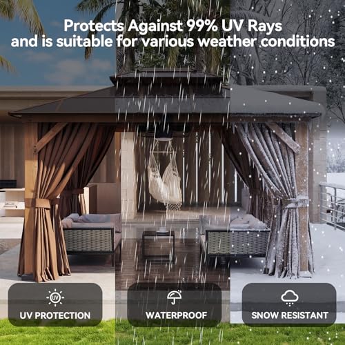 Image of Aoxun 10' x 12' Outdoor Wood Gazebo with Double Polycarbonate Top, Hardtop Gazebo Permanent Wooden Pavilion with 20 inch Ceiling Fan with Light, Netting and Curtain for Patio, Garden, Cedar Wood Box of 3