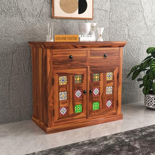 Image of Solid Sheesham Wood Sideboard Cabinet with Doors 2 Rack & 2 Drawers | Wooden Storage Cabinet for Living Room & Dining Room (Honey Finish)