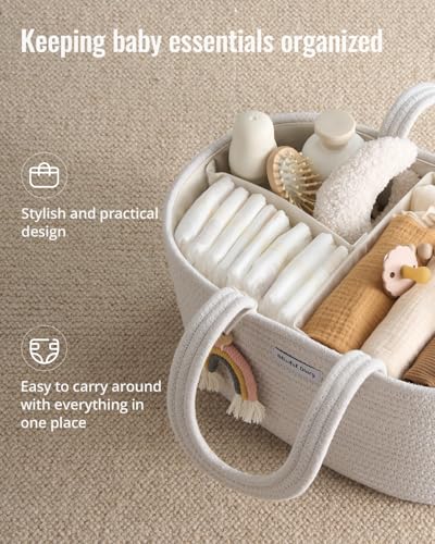 Image of Blissful Diary Baby Diaper Caddy Organizer, Cotton Rope Diaper Caddy Basket, Oval Storage Basket, Gift for Baby Shower, Newborn Essentials, Beige