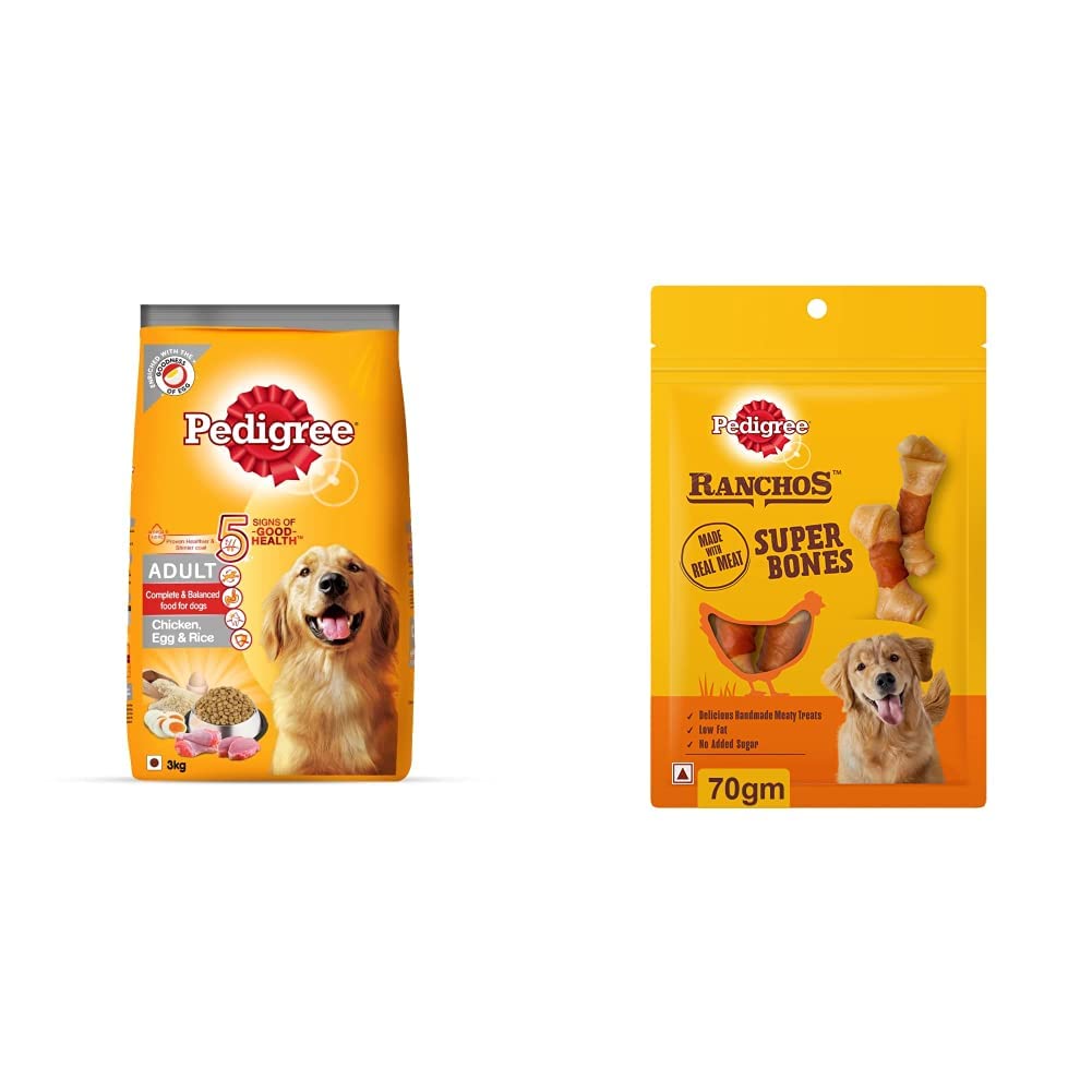 Pedigree Adult Dry Dog Food (High Protein Variant) Chicken, Egg & Rice, 3kg Pack & Pedigree RANCHOS Super Bones Chicken & Milky Flavour, 70 g (B0B8ZD2D8K) Amazon Price History, Amazon Price Tracker