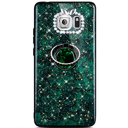Robinsoni Case Compatible with Samsung Galaxy S7 Phone Case Silicone Glossy TPU Cover 360 Degree Rotation Ring Case Kickstand Phone Cover Sparkle Bling Phone Cover Gel Soft Shockproof Case Amber Green