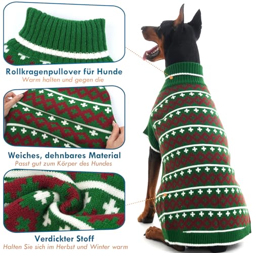 Katzinst Hundepullover Große Hunde – Warmer Stricken Winterpullover für Hunde | Atmungsaktiv und Weicher Hundepulli mit Muster, Herbst Winter Hund Pullover, Labrador, Dobermann (Grün, 3XL)