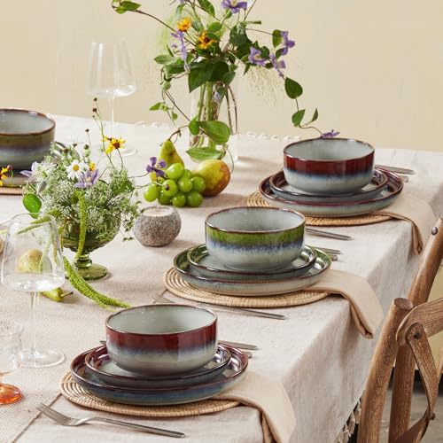 Image of KINGSTONE Stoneware Dinnerware Sets for 6, 18-Piece Reactive Glaze Plates and Bowls Sets, Scratch-Resistant Rustic Ceramic Dish Set for Daily Party Gifts, Microwave Dishwasher Safe, Kiln-Fired Green