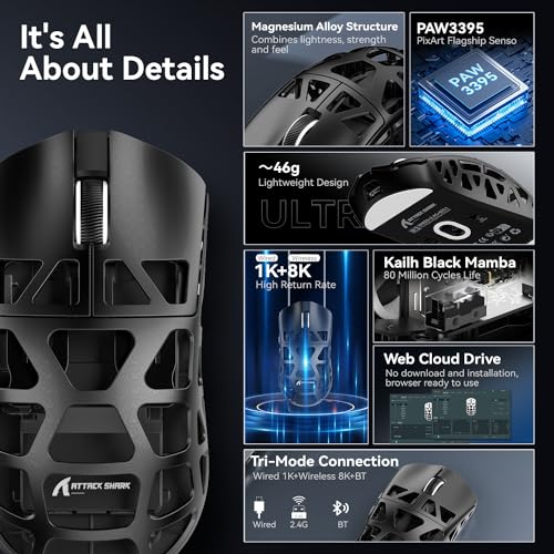 ATTACK SHARK R3 Magnesium Alloy Mouse, Wireless 8K Mouse, 46g SUPERLIGHT Mouse, PixArt PAW3395 Gaming Sensor, BT/2.4G/Wired Gaming Mouse, Adjustable DPI 26000, Office Mice for Win11/Xbox/PS/Mac -Black – Image 5