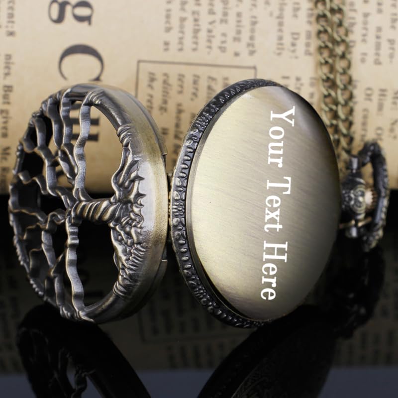 Image of Tiong Pocket Watch Hollow Tree of Life Design Roman Numerals Customizable Quartz Pocket Watch with Chain Birthday Gifts