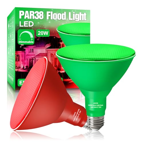 LOXYEE PAR38 Flood Red Green Light Bulb,2 Pack-Dimmable,E26 Base Flood Light Outoor(20W Replace to 200W),Light Bulb Outdoor Porch,Colored Light,Spot Light,Halleween,Christmas Lighting