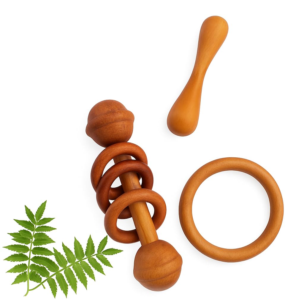 Litilish Baby Teether Combo Pack of 3 – Organic Neem Wood Teether Combo - 1 Ring, 1 Rattle, 1 Dumbbell Nibbler – Safe Natural Teething Toys | Wooden Teethers for 6 to 12 Months Baby-image-3