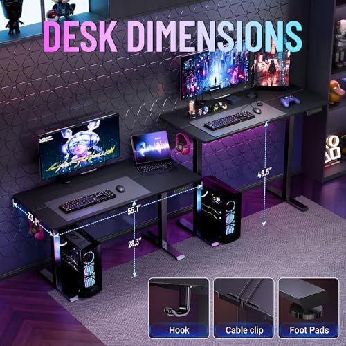 Image of Veken 55 Inch Large Electric Standing Gaming Desk, Heights Adjustable,Sit to Stand Up, Work Home Office Computer Table for Study, Walking Pad, Writing, and Games, Wooden Desktop Desks, Black | Height Adjustable Sit Stand Up Computer Tables for Home Office, Study and Writing, Suit students, employees and group work