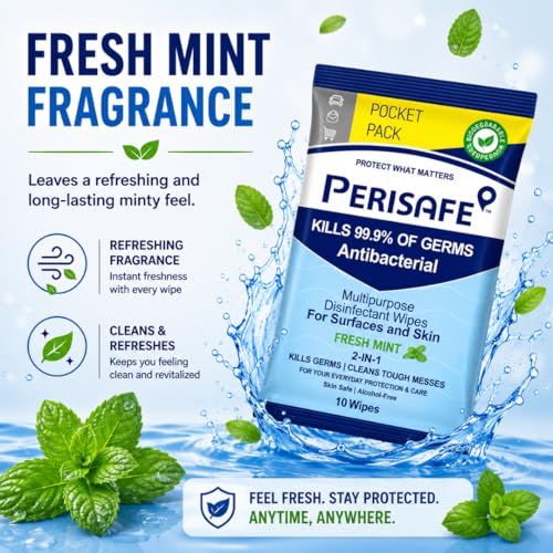 Image of PERISAFE Multipurpose Disinfectant Wipes For Surfaces & Skin | 10 Wipes (Pack of 24) | 100% Biodegradable | Antibacterial | 2-IN-1 | Kills Germs & Cleans Tough Messes | Fresh Mint
