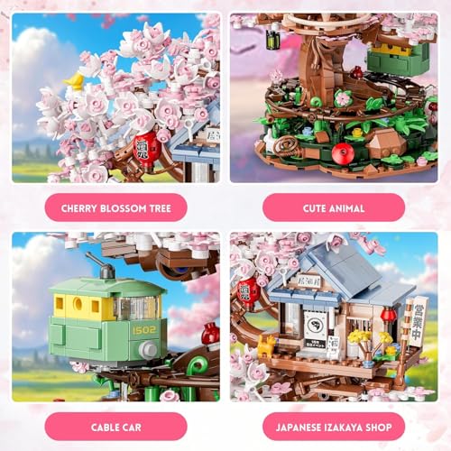 Image of SKY LINE OCEAN Cherry Blossom Treehouse Building Set with LED Light, 1098+ PCS Japanese Izakaya Shop Mini Blocks, Sakura Bonsai Architecture Model Kit for Ages 14+ | 5 Year Structural Warranty