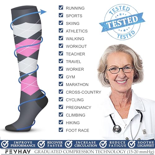 Image of FEYHAY Copper Compression Socks (3 Pairs) 15-20 mmHg Circulation is Best Athletic & Daily for Men & Women, Running, Climbing