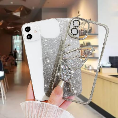 Image of SHINESTAR 3D Butterfly Case for iPhone 12 Cover, Cute Girly Glitter Bling Luxury Back Cover for Women Girls Protective Shockproof Slim Camera Protection (or iPhone 12 - Silver