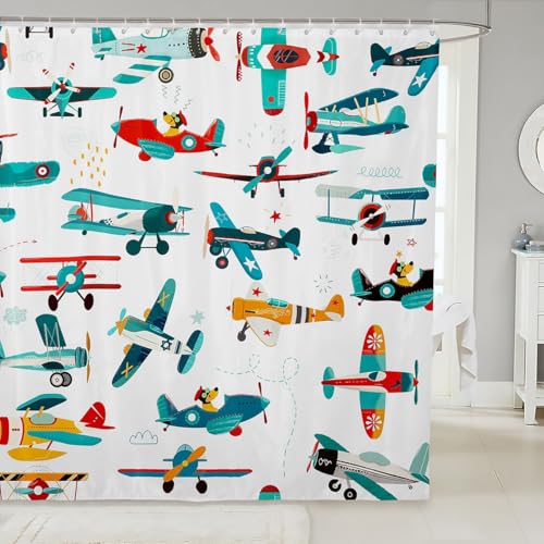 Image of Cute Airplane Shower Curtain - Kids Boys Cartoon Plane Bathroom Curtain, Colorful Aviation Aircraft Waterproof, Star Lines, White, 72" Wx72" L, 12 Hooks