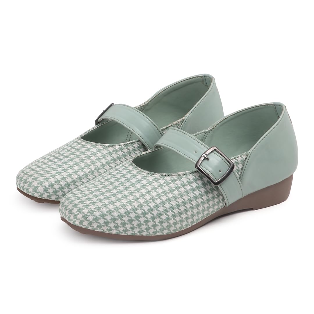 Women & Girls Canvas Bellies Shoes | Houndstooth Print Ballerina Flats | Buckle Strap Closed Toe Footwear | Stylish Low Wedge Bellies for Office College Party-image-48