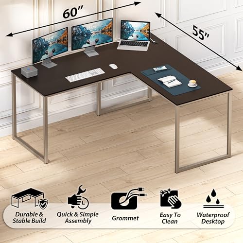 Image of SHW Mission 55 x 60 Inches L-Shape Home Office Computer Desk, Espresso